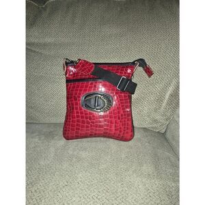 Raphael Red Croc-Embossed Leather  Crossbody Bag with Decorative Buckle